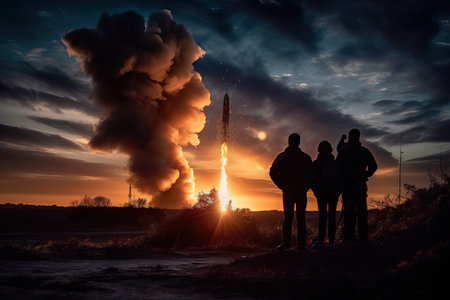 A group of people watch a rocket launch into space on the horizon, smoke and a silhouette of people, Generative AI.の素材