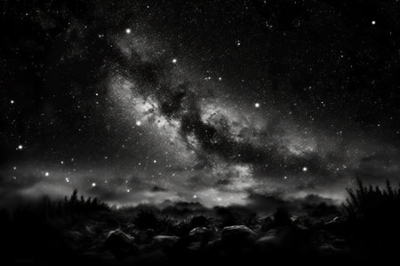 The starry sky and many bright galaxies are on the horizon, A universe filled with stars, nebulae and galaxies, generative AI.の素材