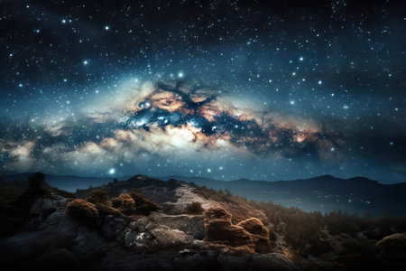 The starry sky and many bright galaxies are on the horizon, A universe filled with stars, nebulae and galaxies, generative AI.の素材