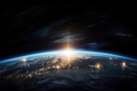 Planet earth and the moon and sun on its horizon, space and astronomical research of planet earth, generative AI.の素材