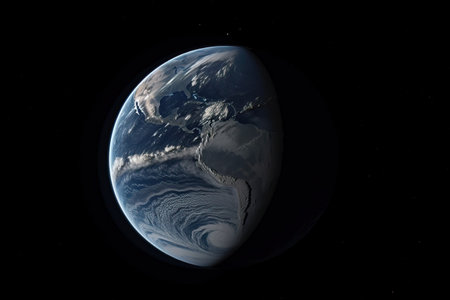 View of blue planet earth in space, earth atmosphere and black space around, spherical planet earth, generative AI.の素材