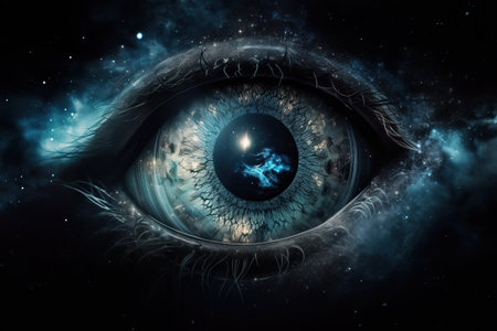 Reflection of the cosmos in the eye of a person, a person in outer space.の素材