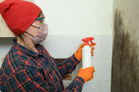 A woman sprays a mold remedy on a wall, removing mold at home, a woman in glasses, a mask and rubber gloves, protective equipment.の写真素材