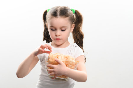 A girl takes chips snacks with lard from a bowl and eats them, portrait on a white background and copy space, unhealthy and unhealthy food.の写真素材