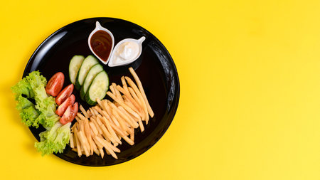 Plate of french fries with salad, tomatoes and cucumbers, sauces in white french fries plates, fast...