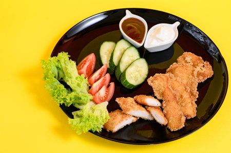 Chicken nuggets with cucumber, tomatoes and lettuce on a black plate, chicken nuggets with mayonnaise and ketchup on a yellow background.の写真素材