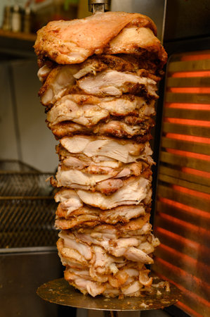 Vertical grilled chicken meat being prepared for shawarma close-up, fast food and catering.の写真素材