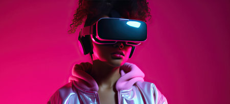 A girl of African appearance in vr glasses on a purple background, a girl plays a game in vr glasses, generative AI.の素材