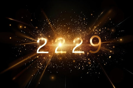 golden numbers 2023 with festive confetti, stars and spiral ribbons on black background, New Year decoration, generative AI, generative AI.の素材