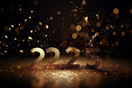 golden numbers 2225 with festive confetti, stars and spiral ribbons on black background, New Year decoration, generative AIの素材