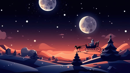 Santa Claus with a sleigh and a reindeer rides through the forest against the background of a starry sky and a bright moon, generative AI.の素材