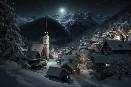 Evening village in the mountains during Christmas celebrations, Christmas night in the village, lots of light and Christmas lights, generative AI.の素材