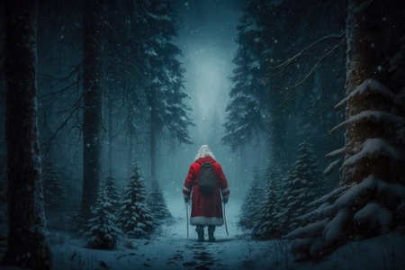 Santa Claus with a bag on his shoulders is lost in the forest, Santa is alone in the forest, generative AI.の素材