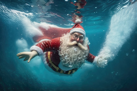 Santa Claus swims under water, Santa swims in cold water, portrait of Santa in water, generative AI.の素材