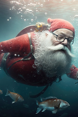Santa Claus swims under water, Santa swims in cold water, portrait of Santa in water, generative AI.の素材