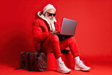 Modern Santa Claus is sitting on a big cardboard gift box on a red background and holding a noobbook, Santa Claus in sunglasses, generative AI.の素材