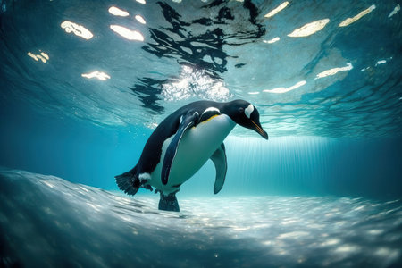 A penguin swims alone underwater, Humboldt Penguin, generative AI.の素材