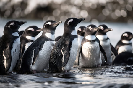 A group of penguins at the South Pole, wingless and aquatic penguins, generative AI.の素材
