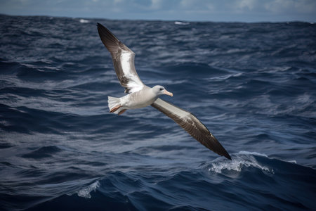 The albatross spreads its wings and flies over the water, the albatross hunts for fish, generative AI.の素材