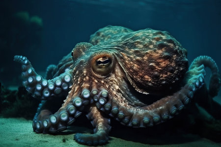 Big octopus on the bottom of the sea between coral reefs, marine animal life, generative AI.の素材