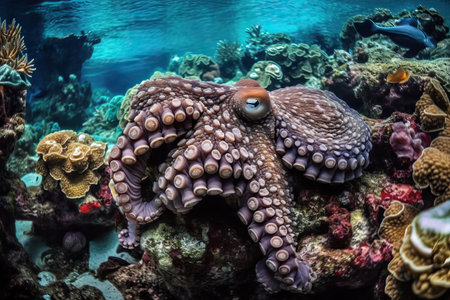 Big octopus on the bottom of the sea between coral reefs, marine animal life, generative AI.の素材