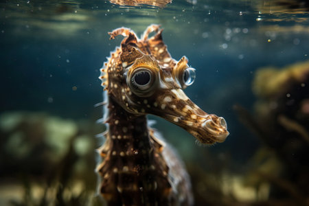 Portrait of a seahorse underwater between coral reefs, sea animal and marine life, generative AI.の素材