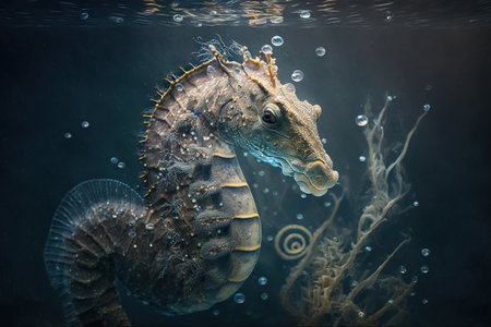 Portrait of a seahorse underwater between coral reefs, sea animal and marine life, generative AI.の素材