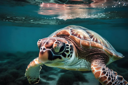 A sea turtle underwater, clean water and marine animal life, generative AI.の素材
