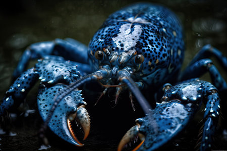 Blue lobster on a dark background, blue lobster portrait, lobster diet food, generative AI.の素材