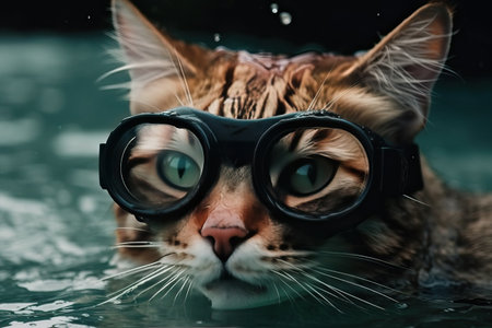 A cat swims underwater in a diving mask, a cat and scuba goggles, generative AI.の素材