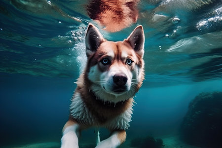 Red husky swims under water, clear and transparent water, generative AI.の素材