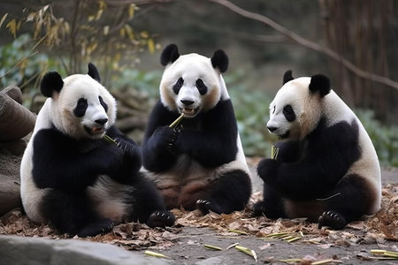 Three pandas sit in the park and eat bamboo, the panda is an endangered animal, the Chinese bear, generative AI.の素材