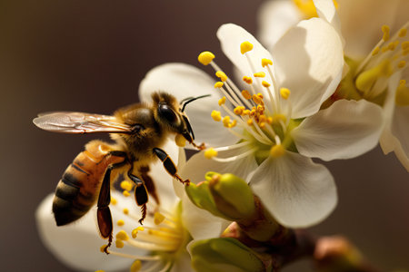 A bee collects nectar from a flower close-up, insect life, generative AI.の素材