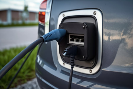 Charging station for electric cars, car of the present and future, environmentally friendly car, fast charging car, Generative AI.の素材