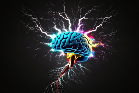Human brain bursting with colored active neuron endings, future brain activity research, colored brain on black background, Generative AI.の素材