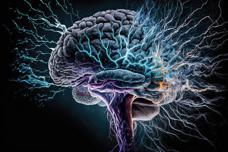 Human brain bursting with colored active neuron endings, future brain activity research, colored brain on black background, Generative AI.の素材