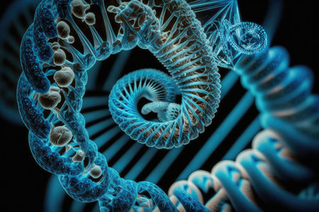 Blue DNA helices under a microscope, DNA research in the future, biotechnology technology, Generative AI.の素材