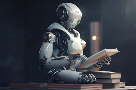 A robot man with artificial intelligence reads books and writes in a notebook in the library, a robot scientist is a schoolboy, generative AI.の素材