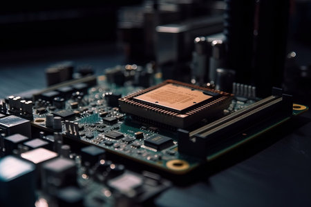 Microcircuit and motherboard close-up on black background, small details of microcircuits, generative AI.の素材