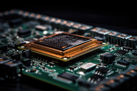 Microcircuit and motherboard close-up on black background, small details of microcircuits, generative AI.の素材