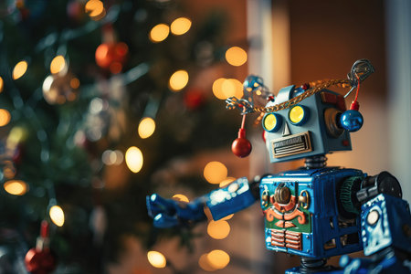 A robot near the Christmas tree, celebrating Christmas with a robot, generative AI.の素材