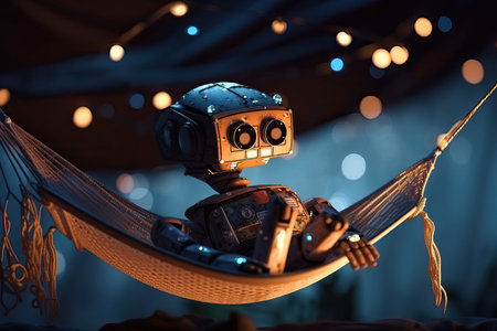 An old-fashioned robot swings in a hammock against a background of festive bright lights, a sad robot, generative AI.の素材