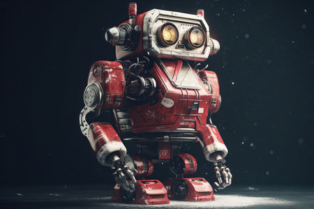 Robot Santa Claus in red color on a dark gray background, portrait of robot Santa, Santa with artificial intelligence, generative AI.の素材