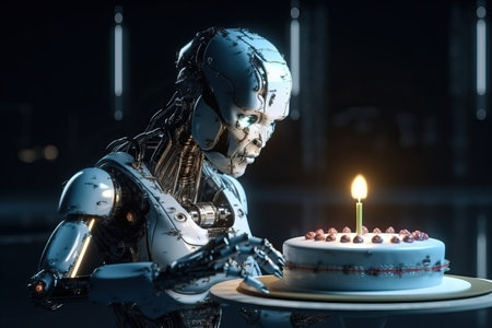 Robot man with artificial intelligence blows out a candle on a cake, birthday with a robot, generative AI.の素材