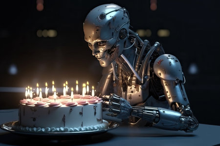Robot man with artificial intelligence blows out a candle on a cake, birthday with a robot, generative AI.の素材