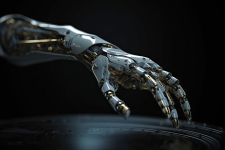 One robot arm close-up on a black background, a mechanized robot arm with artificial intelligence and human-like fingers, generative AI.の素材