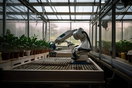 Mechanized and computerized method of planting plant seedlings in a greenhouse with the help of robots, work in a greenhouse, generative AI.の素材