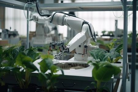 Mechanized and computerized method of planting plant seedlings in a greenhouse with the help of robots, work in a greenhouse, generative AI.の素材
