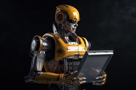 A robot engineer in yellow at the enterprise, a robot with a female appearance, a robot holding a tablet in his hands, generative AI.の素材