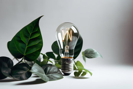 electric light bulb on a white background with green leaves, green energy and environmental protection, Generative AI.の素材